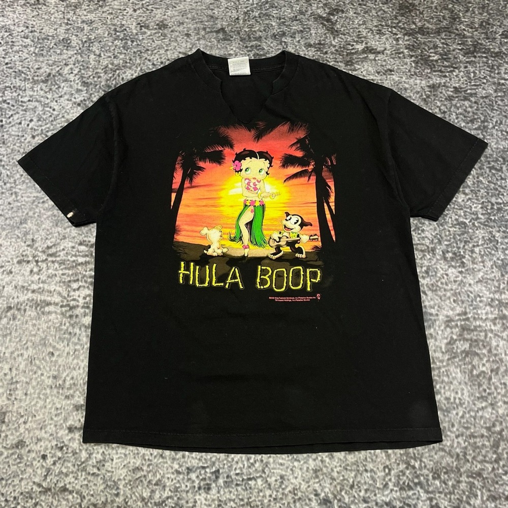 Vintage Betty Boop Hula Hoop T Shirt Mens XL Black Cut V-Neck Hawaii 2002